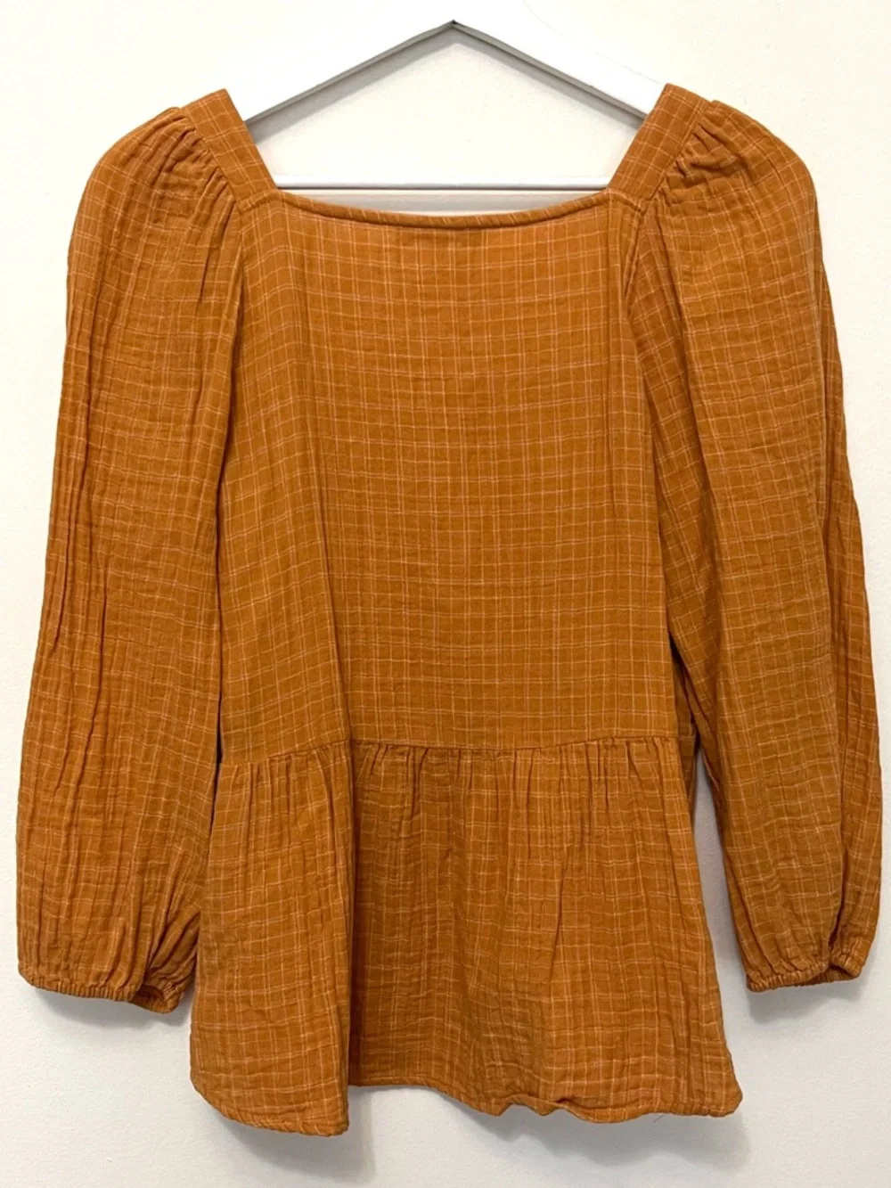 Madewell • XS • Burnt Golden Orange Square-Neck Puff Sleeve Peplum Plaid Top